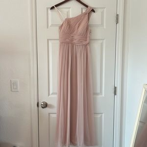 Blush bridesmaid dress. One shoulder, size 6